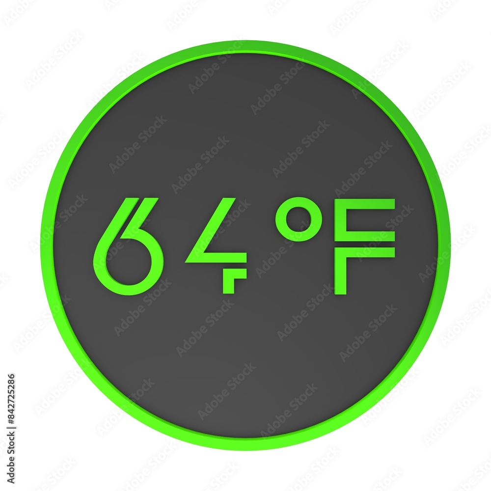 Yellow number sixty-four in a gray circle on a white background isolate. Degrees Fahrenheit. Air temperature. Rendering illustration. Yellow number sixty-four in a gray circle on a white background isolate. Degrees Fahrenheit. Air temperature. Rendering illustration.