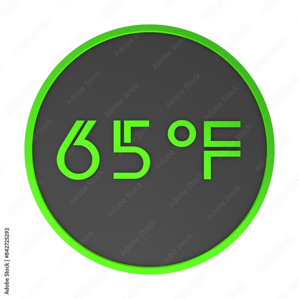 Yellow number sixty-five in a gray circle on a white background isolate. Degrees Fahrenheit. Air temperature. Rendering illustration. Yellow number sixty-five in a gray circle on a white background isolate. Degrees Fahrenheit. Air temperature. Rendering illustration.