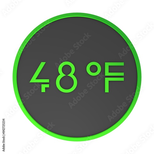 Green number forty-eight in a gray circle on a white background isolate. Degrees Fahrenheit. Air temperature. Rendering illustration. photo