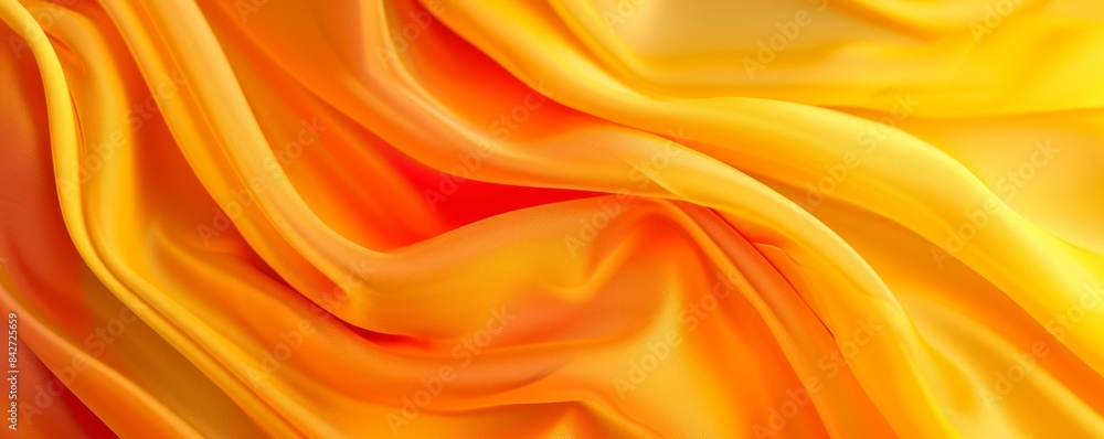 Beautiful yellow and orange silk fabric with curved folds and soft texture. Textile elegance and fashion concept Beautiful yellow and orange silk fabric with curved folds and soft texture. Textile elegance and fashion concept