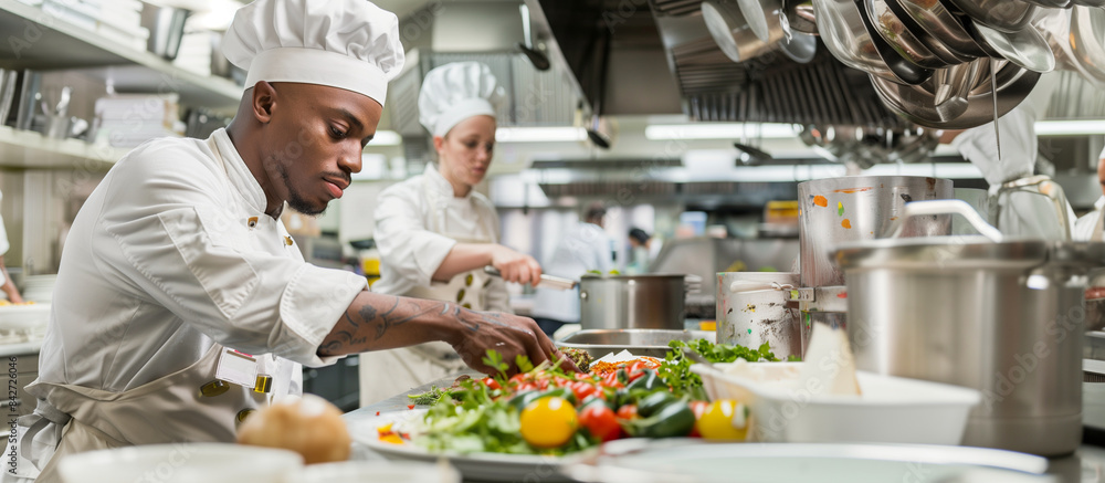 a detailed image of a veteran learning culinary skills in a kitchen training program, with an instructor demonstrating techniques, Education and Retraining, Memorial Day, Independence Day, 4th july a detailed image of a veteran learning culinary skills in a kitchen training program, with an instructor demonstrating techniques, Education and Retraining, Memorial Day, Independence Day, 4th july