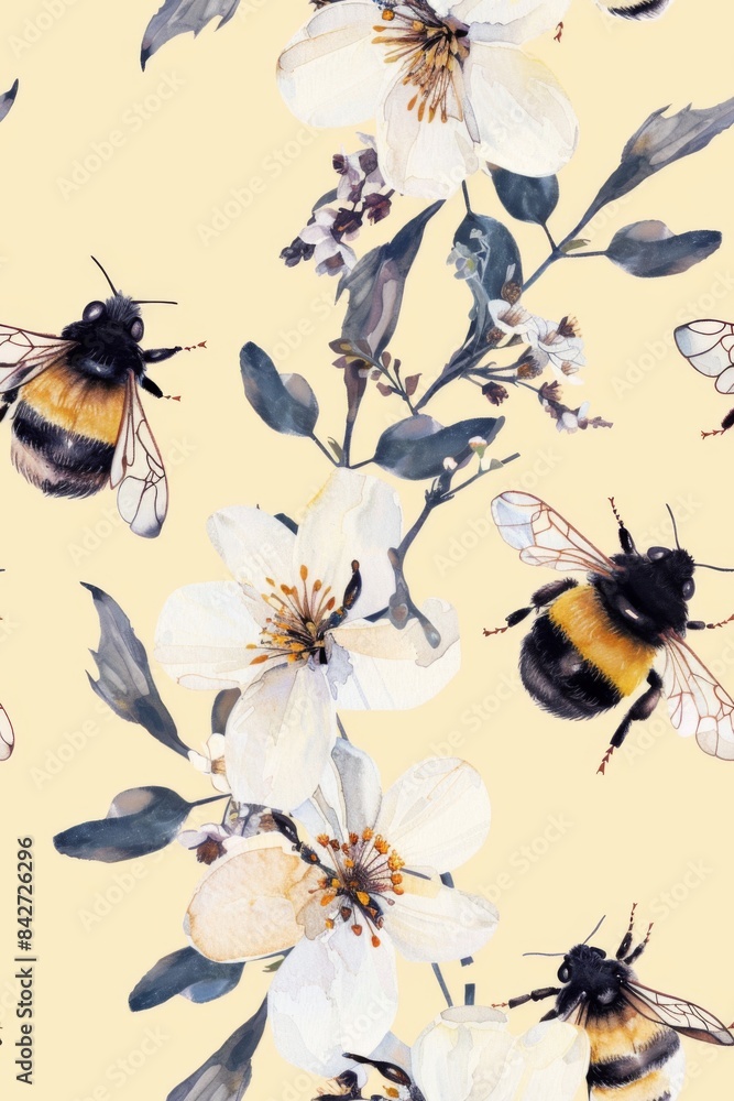 Obraz premium Vertical banner. Watercolor seamless pattern with white flowers and bees on a light yellow background. For invitations, cards, labels, menus, packaging design, fabrics, wallpaper. Free space for text