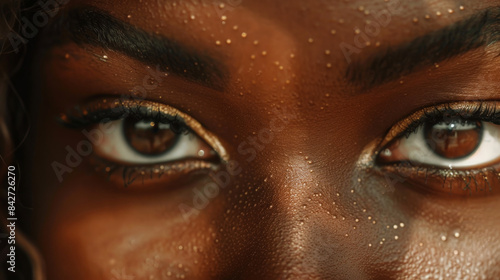 A detailed and intimate view of a black girl's eyes, showcasing the delicate lashes, defined eyebrows, smooth skin, and captivating irises 