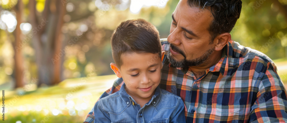 Fototapeta premium A man and a boy are sitting on a park bench