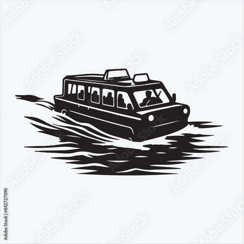 Water river taxi silhouette vector illustration in black and white. 