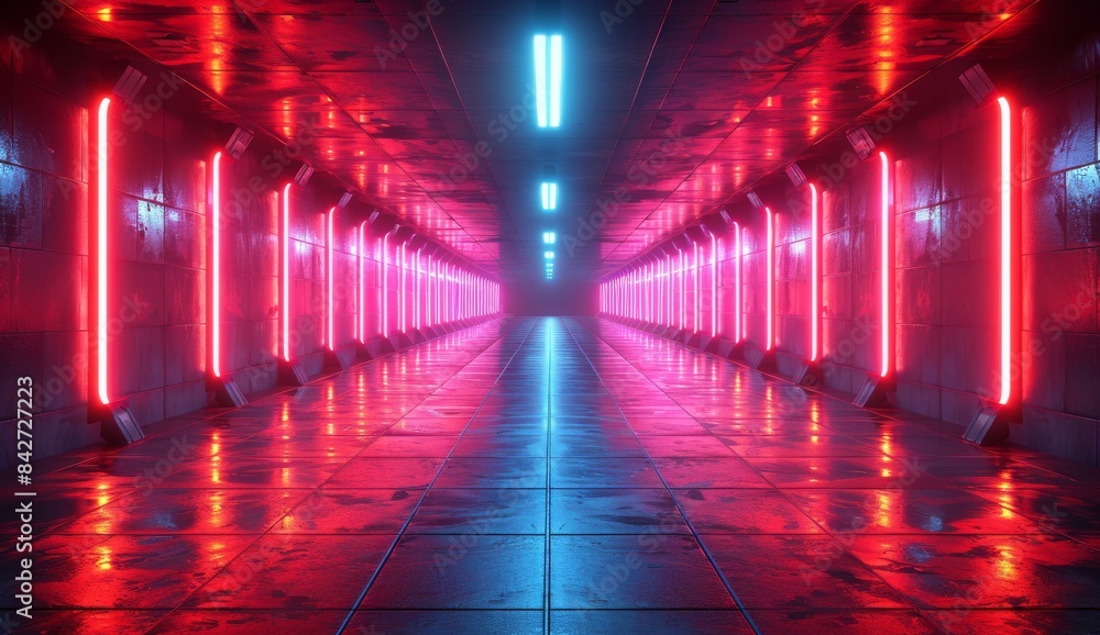 Abstract futuristic background with neon light lines and empty floor reflection in the water Abstract futuristic background with neon light lines and empty floor reflection in the water