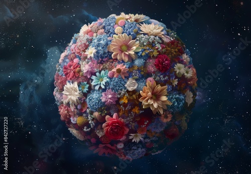 A flower-filled planet in space.