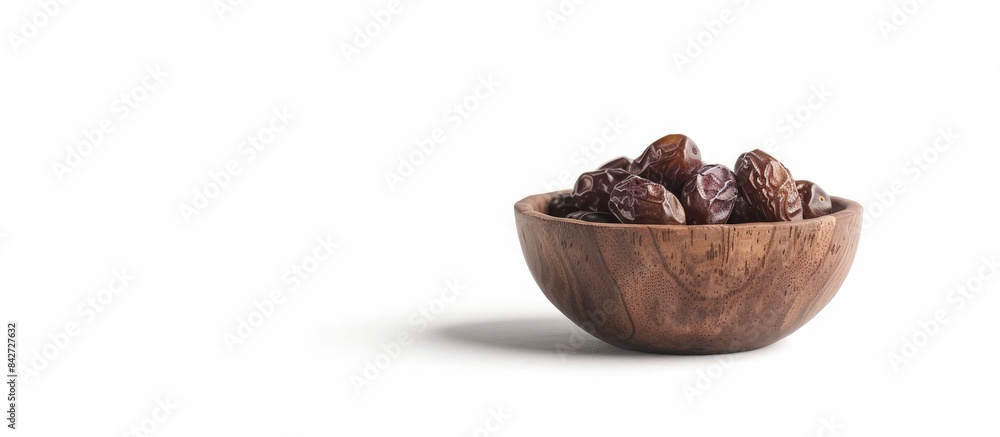 Dates fruits dried in a wooden bowl set against a white background. Dates fruits dried in a wooden bowl set against a white background.