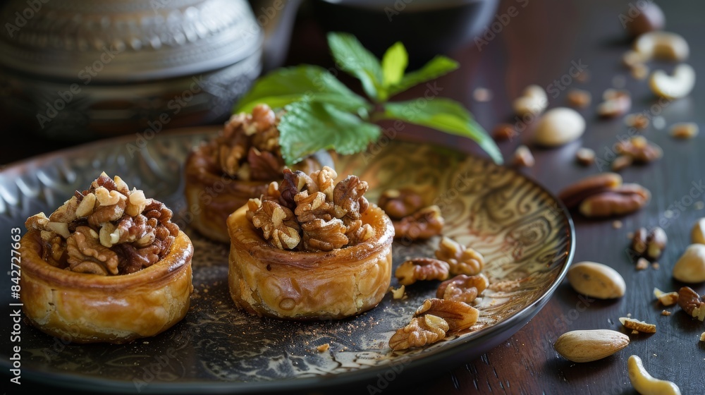 A plate topped with pastries covered in nuts