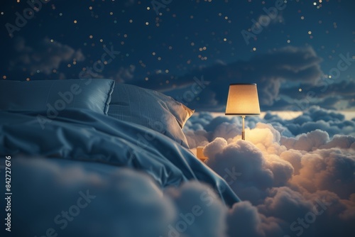 A bed in the clouds with a night sky and stars, a lamp on a bedside table photo