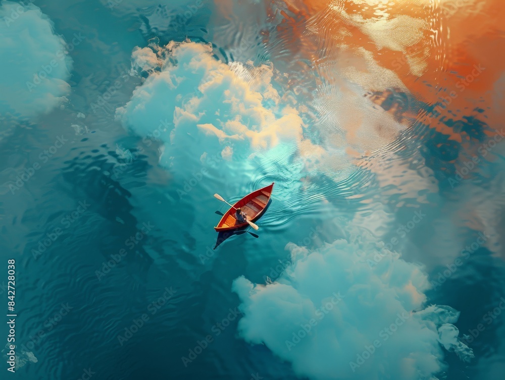 Fototapeta premium 3D render of a man in a small boat on a blue river between two clouds, aerial view.