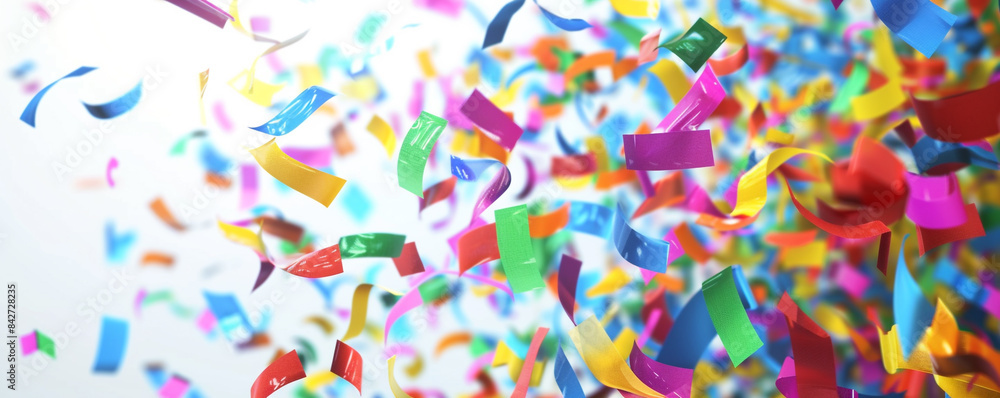 Obraz premium A burst of colorful 3D confetti pieces cascading down on a clear background.