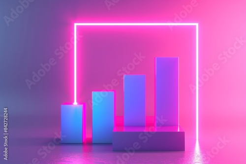 A colorful bar graph on a black background, in an isometric view, with small spheres and cubes