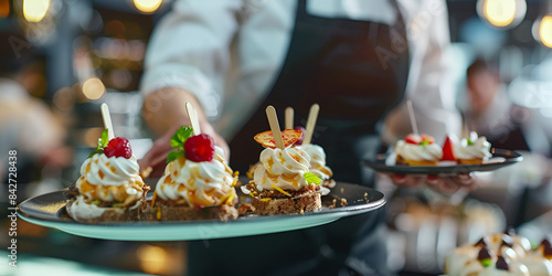 Elegant Waiter Serving Gourmet Desserts on Tray. Closeup waiter serving finger food dessert on the tray 
