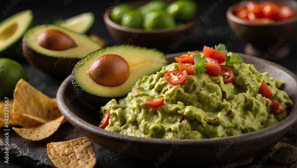 Guacamole with cherry tomatoes and tortilla chips, featuring creamy avocado dip in a rustic bowl, surrounded by fresh ingredients and ripe avocados. Guacamole with cherry tomatoes and tortilla chips, featuring creamy avocado dip in a rustic bowl, surrounded by fresh ingredients and ripe avocados.