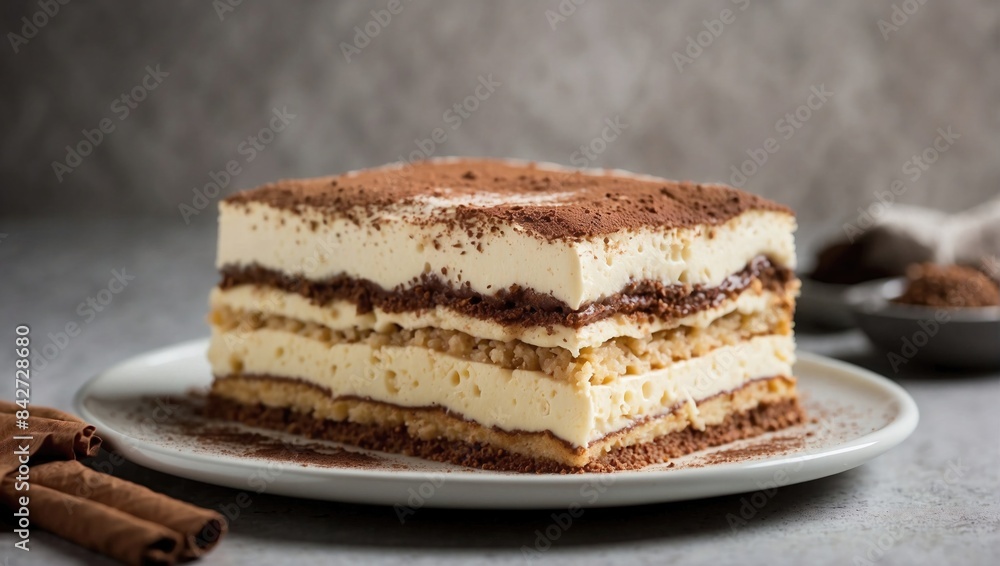 Tiramisu slice dusted with cocoa powder, showcasing creamy layers and rich coffee flavor, served on a white plate, highlighting an Italian classic dessert. Tiramisu slice dusted with cocoa powder, showcasing creamy layers and rich coffee flavor, served on a white plate, highlighting an Italian classic dessert.