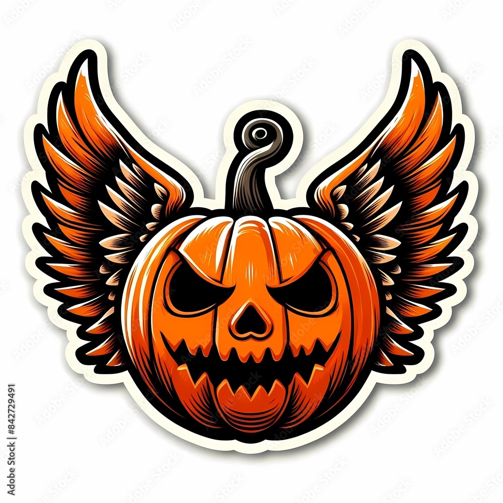 Fototapeta premium Jack o lantern. Halloween spooky pumpkin with wings icon. The main symbol of the Happy Halloween holiday. Isolated on white background. Treak or treat.