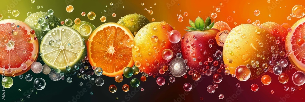 Vibrant Citrus Fruit and Red Apple Floating in a Bubble Bath Vibrant Citrus Fruit and Red Apple Floating in a Bubble Bath