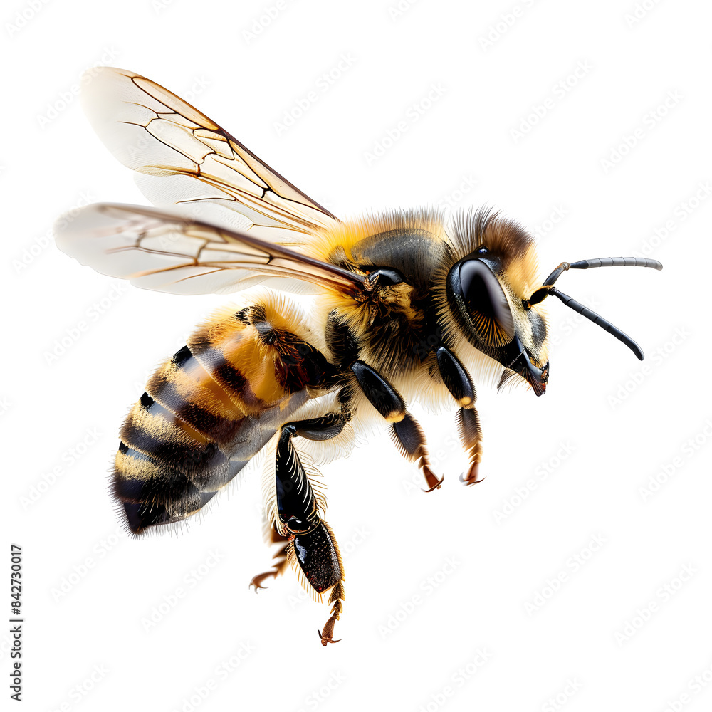 Closeup Bee is flying isolated on white background Closeup Bee is flying isolated on white background