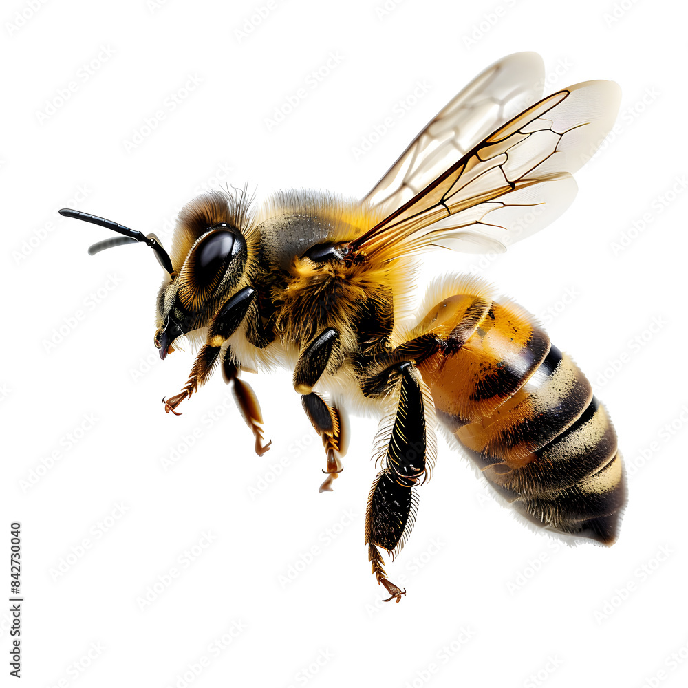 Closeup Bee is flying isolated on white background Closeup Bee is flying isolated on white background