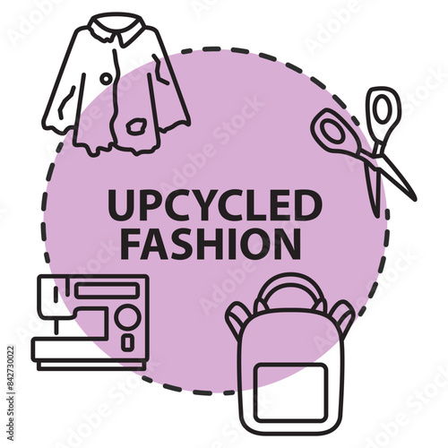 Recycling old clothes.Upcycling process.Secondary use of old clothes. Making of new bag.Upcycled fashion.Handmade backpack.Sewing machine.