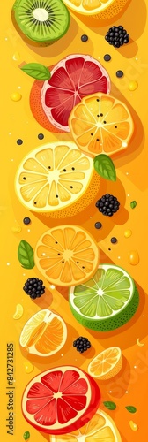 Colorful Fruit Slices on Yellow Background