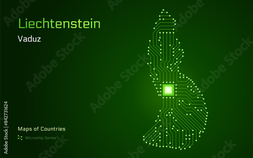Liechtenstein Map with a capital of Vaduz Shown in a Microchip Pattern with processor. E-government. World Countries vector maps. Microchip Series	