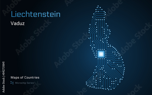 Liechtenstein Map with a capital of Vaduz Shown in a Microchip Pattern with processor. E-government. World Countries vector maps. Microchip Series	