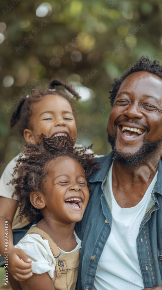 A man is holding three children, two of which are smiling A man is holding three children, two of which are smiling