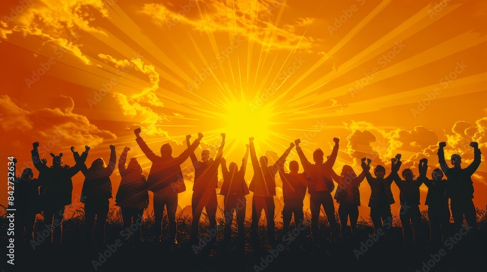 Scene is joyful and celebratory, as the people are all standing together Scene is joyful and celebratory, as the people are all standing together