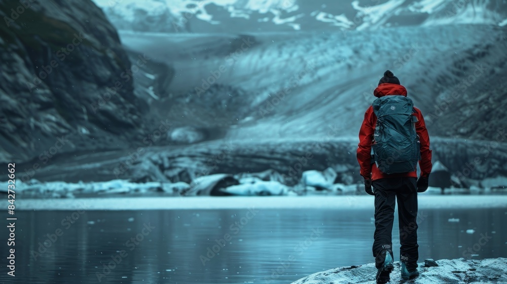 Obraz premium A lone adventurer braving the icy surface of the glacier with supraglacial lakes as their only companions.