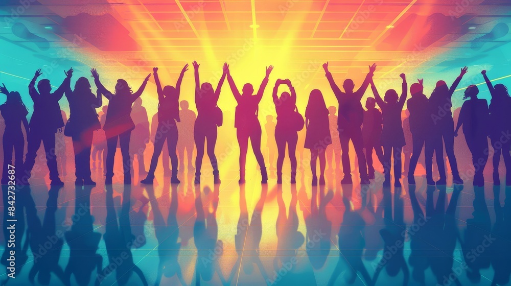 Scene is joyful and celebratory, as the people are all standing together Scene is joyful and celebratory, as the people are all standing together
