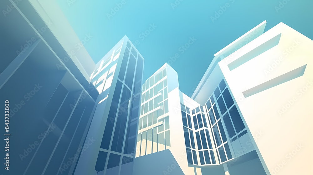 Low angle,Modern Architecture 3D illustration. Architecture building construction perspective paper cut style, underside view urban building abstract background Low angle,Modern Architecture 3D illustration. Architecture building construction perspective paper cut style, underside view urban building abstract background