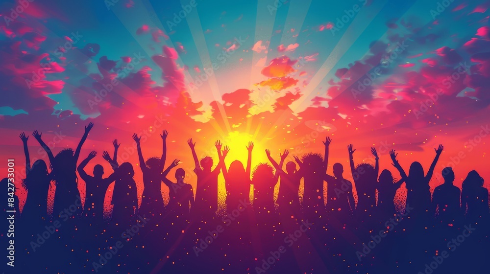 Scene is joyful and celebratory, as the people are all standing together Scene is joyful and celebratory, as the people are all standing together