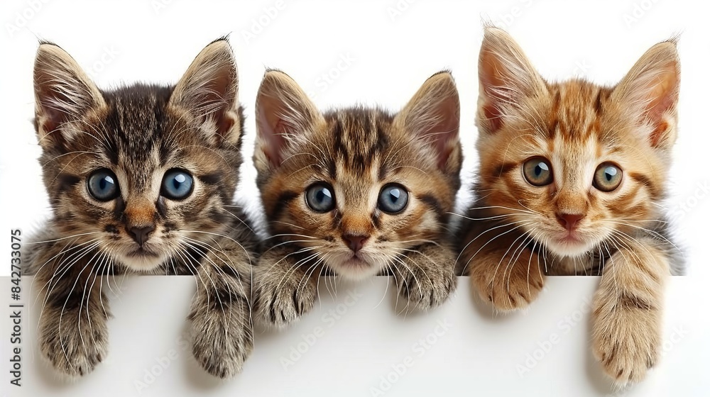 Puppies and kittens peek behind blank banner, ideal for veterinary clinic promotion Puppies and kittens peek behind blank banner, ideal for veterinary clinic promotion