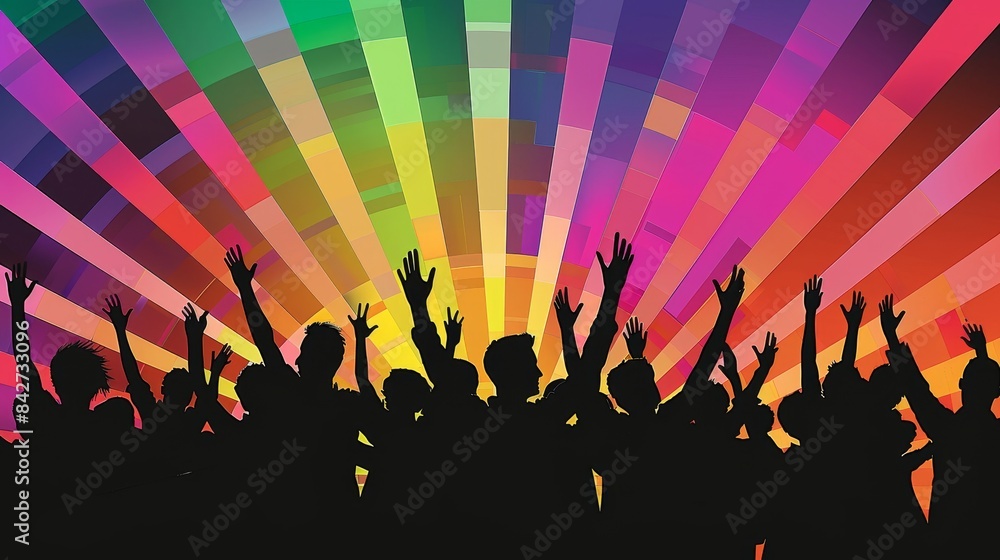 A group of people are standing in a rainbow with their hands raised A group of people are standing in a rainbow with their hands raised