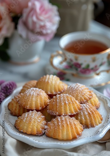 Madeleine Cookies A plate of golden, shell-shaped Madeleine cookies dusted with powdered sugar. Displayed on a white plate with a cup of tea. 