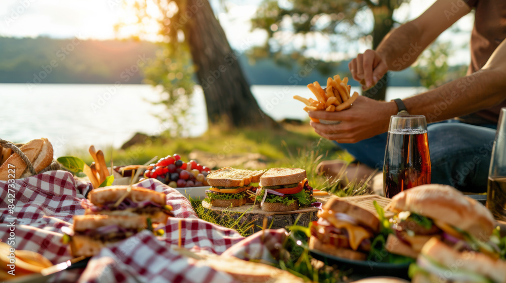 A man is sitting by a lake with a variety of food and drinks A man is sitting by a lake with a variety of food and drinks