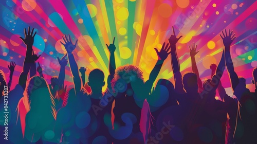 A group of people are standing in a rainbow with their hands raised