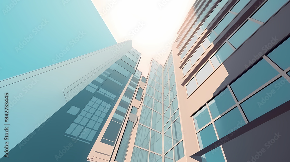 Low angle,Modern Architecture 3D illustration. Architecture building construction perspective paper cut style, underside view urban building abstract background Low angle,Modern Architecture 3D illustration. Architecture building construction perspective paper cut style, underside view urban building abstract background