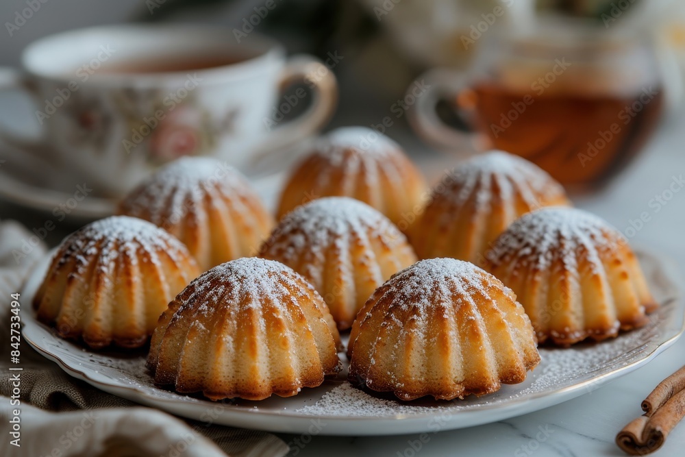 Madeleine Cookies A plate of golden, shell-shaped Madeleine cookies dusted with powdered sugar. Displayed on a white plate with a cup of tea. Madeleine Cookies A plate of golden, shell-shaped Madeleine cookies dusted with powdered sugar. Displayed on a white plate with a cup of tea.