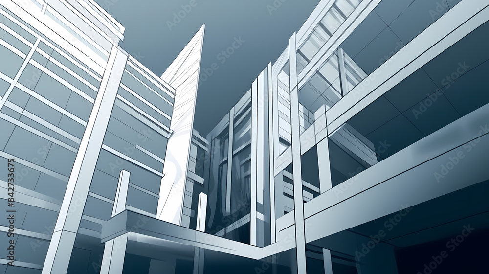 Obraz premium Low angle,Modern Architecture 3D illustration. Architecture building construction perspective paper cut style, underside view urban building abstract background