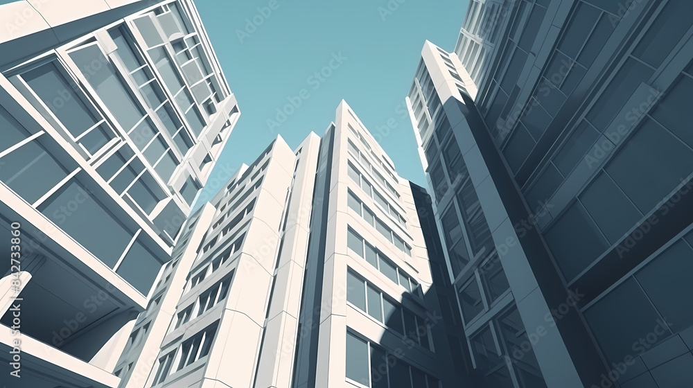 Low angle,Modern Architecture 3D illustration. Architecture building construction perspective paper cut style, underside view urban building abstract background Low angle,Modern Architecture 3D illustration. Architecture building construction perspective paper cut style, underside view urban building abstract background