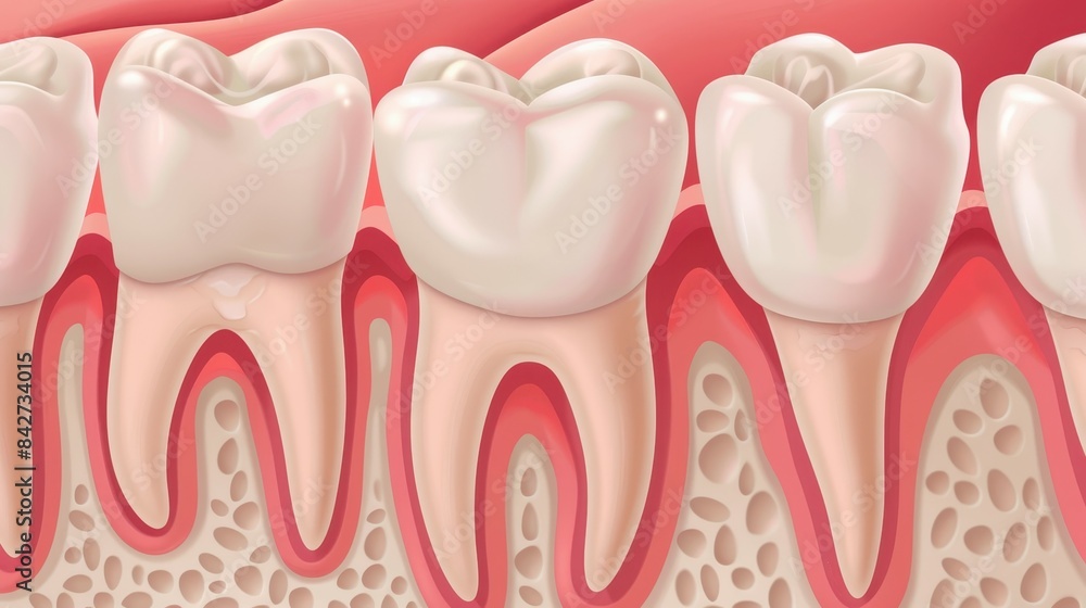 Illustration of a cross-section of human teeth showing roots, gums, and bone structure. Illustration of a cross-section of human teeth showing roots, gums, and bone structure.