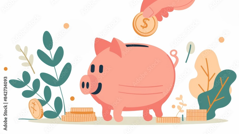 Fototapeta premium Illustration of a piggy bank with coins and plants, representing savings and investment.