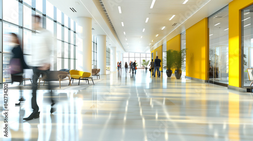 The bustling modern open space office interior features blurred business colleagues