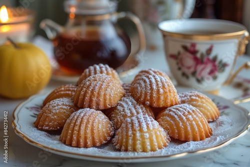 Madeleine Cookies A plate of golden, shell-shaped Madeleine cookies dusted with powdered sugar. Displayed on a white plate with a cup of tea. 