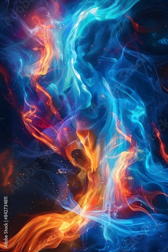 A vibrant digital art piece featuring swirling, glowing blue and orange streams of energy against an abstract dark background.