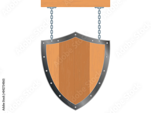Wooden board with wrought iron edge hung in chains, vector illustration