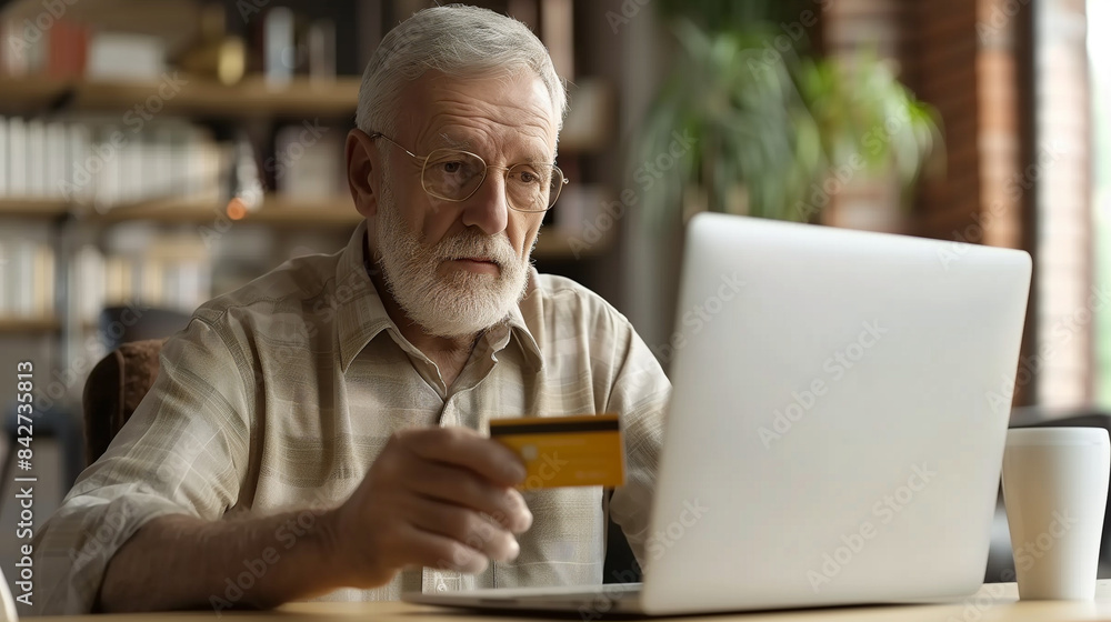 senior man with laptop and a card senior man with laptop and a card